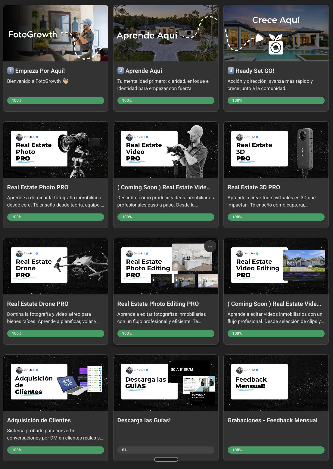 Classroom de FotoGrowth con 13 cursos